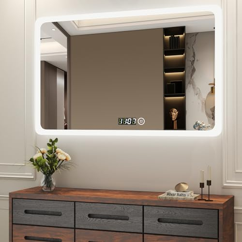 Boromal LED Badspiegel mit Beleuchtung und Uhr 100x60cm Badezimmerspiegel mit Beleuchtung 3 Lichtfarbe Dimmbar 3000-6500K 3410LM Wandspiegel Lichtspiegel LED Spiegel mit Uhr, Touch Schalter
