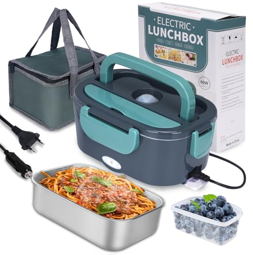 XREXS Scaldavivande Elettrico Portatile 60W, 1,5L, 3 in 1 (12V/24V/220V) - Ideale per Auto, Ranzo, Pranzo, Casa, Campeggio - Riscaldamento Portatile con Forchetta Inclusa