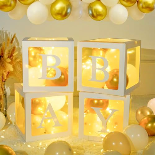 Lot de 71 boîtes de fête prénatale pour garçon et fille, 4 guirlandes lumineuses et 4 boîtes à ballons transparentes avec 33 lettres (un + bébé + A-Z), 30 ballons de fête (blanc sable et doré) pour