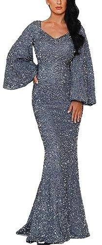 Duohropke Abendkleid Lang Damen - Ballkleid Pailletten Glitzer Kleid Brautjungfer Etuikleid Lange Ärmel Ballkleider Partykleid Hochzeit Glitzerkleid Glitzer Kleid Elegant Abendkleid für Damen