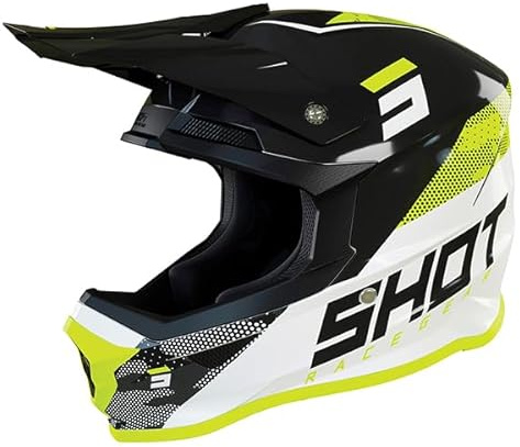 SHOT RACE GEAR Casque Motocross Furious Camo Neon Yellow Glossy – Casque Moto Cross Enduro Off-Road – Ultra Léger 1300 g – Coque SRS – Ventilation Optimale – Intérieur Lavable – Fermeture Double D