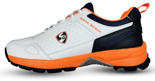 SG Club 6.0 Rubber Spikes Cricket Shoes, White/Navy/Orange, 9 UK
