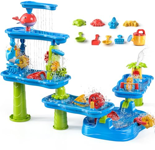 TEMI Toddler Water Table for Kids 3 4 5 6 7 8 Years Old, Rain Showers Pond Sand Water Table, 3-Tier 4 Areas Outdoor Sensory Activity for Toddlers 3-5, Beach Summer Outside Toys for Age 3-8
