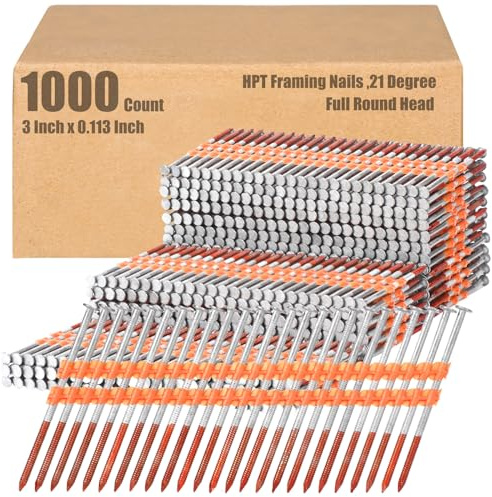 Therwen 1000 Count 21 Degree Framing Nails Full Round Head Collated Framing Ring Shank Hot Dipped Galvanized Nails Plastic Row Fixed for All Pressure Treated Lumber(3 Inch X 0.113 Inch)