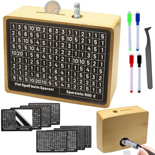 Spardose mit Zähler aus Holz, Sparbox mit Zahlen Ankreuzen, Spardose Holz,Retro Sparbüchse Aufbewahrungsbox,Sparschwein mit Sparziel,Spardose Erwachsene €500 €1,000 €2,000 €3,000 €5,000 €10,000(Braun)
