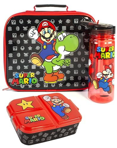 Super Mario Yoshi Kids Lunch Box Set | BPA-Free Water Bottle 580ML, Snack Pot & School Food Bag | Durable Plastic Containers for Daily Packed Lunches & Picnics