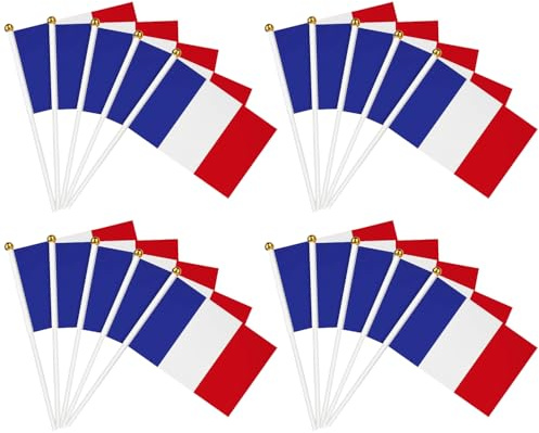 Petit Drapeau Francais, 20 Pièces Mini Drapeau Français, 14 x 21 cm drapeau francais avec Poteau Solide Blanc de 30cm, pour Coupe du Monde, décoration de jardin bar