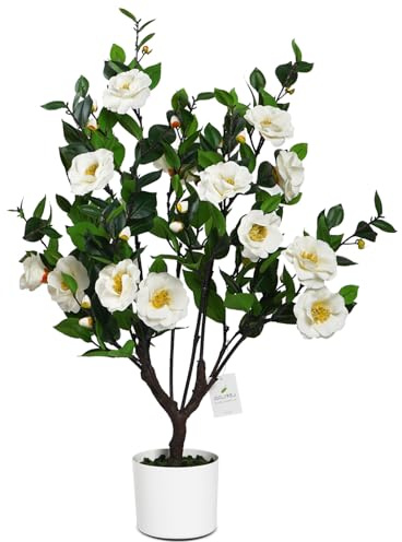 Leflos 90 cm Arbre à Fleurs de Camélia Blanc réaliste, Arbre à Fleurs Artificiel, Plante Florale en Pot Blanc pour la décoration intérieure de la Maison