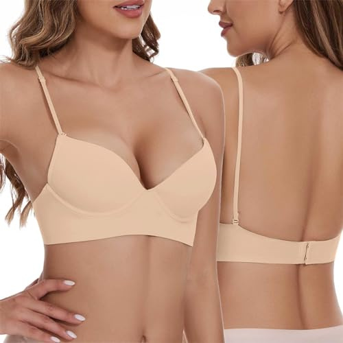 Générique Soutien-Gorge Dos Nu Invisible Push Up pour Femme - Deep V Sans Armature, Brassière Dos Bas en U, Transparent