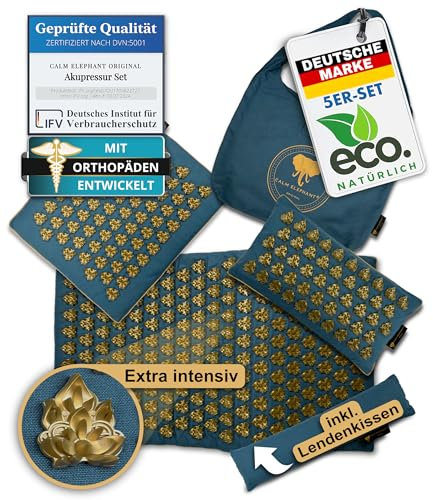 CALM ELEPHANT ORIGINAL Mandala PRO Intensive Acupressure Mat 5-Piece XXL Set with Neck and Lumbar Pillows, Foot Mat, Bag – Heating Function, Complete Massage Mat for Pain and Stress Relief - Blue