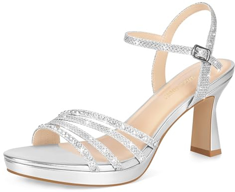 PIZZ ANNU Lena Sandales Femme Été Plateforme Confortable Et Nu-Pieds Confort Talon Chic Mariage à Bout Ouvert, Bride Cheville avec Lanières Pailletées Idéales pour Soirée Et Cérémonie