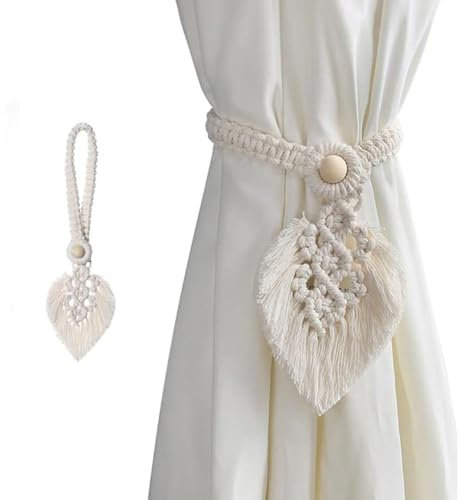 2 Stück Raffhalter Boho Vorhanghalter, Blätter Baumwolle Makramee Gardinenhalter, Gardinenhalter Vorhang Clips Feder Gardinenklammern für Vorhänge Gardinen Deko (Weiß-Verdickung)