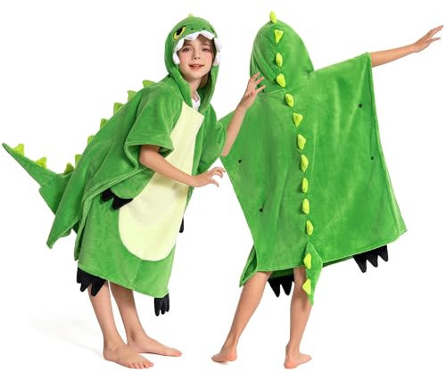 OLAOLA Poncho de Baño con Capucha para Niños, Toalla de Playa Microfibra Suave Toallas de Baño Absorbentes, Poncho de Natación para Niños y Niñas de 3 a 12 Años, Dinosaurio Verde