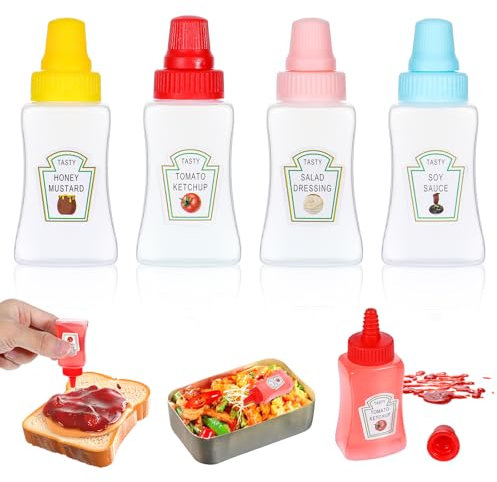 YUXIANLB 4Pcs Mini Ketchup Bottles, 25ml Small Condiment Squeeze Bottles with Sturdy Screw Cap, Portable Honey Sauce Salad Dressing Dispensers Containers for Kids Adults Lunch Box Accessories