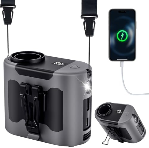 POPERFUN Taillen Ventilator 14800mAh 40H, Tragbarer Ventilator Wiederaufladbar, 5 Geschwindigkeiten 16000U/min mit LED-Beleuchtung Clip für Arbeiten im Freien, Camping, Reisen,Angeln Grau