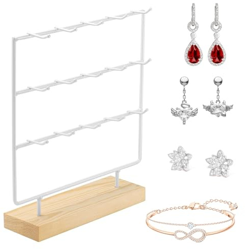 Ksvaye Porta Orecchini Espositore Porta Orecchini da Appendere 3 Ripiani Espositore Gioielli con 15 Ganci+Base in Legno per Anelli, Braccialetti e Portachiavi (Bianco)