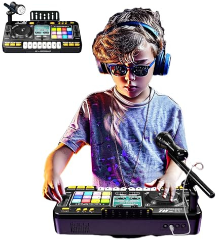 Johehe Mixer DJ ricaricabile per bambini, spettacolo di luci LED e microfono per karaoke, giocattolo musicale interattivo con 12 tasti audio, 8 tasti del pianoforte e registrazione personalizzata per
