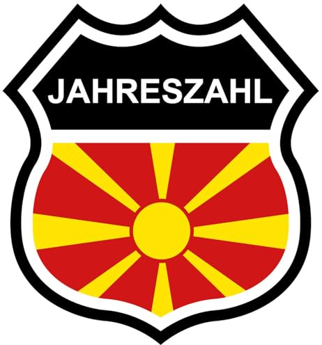 Samunshi® Nordmazedonien Wappen mit Flagge und Jahreszahl Fahne Aufkleber Insigne Wohnmobil Aufkleber für Motorrad Fahrrad Roller oder Camper Camping Wohnwagen Mountainbike Rennrad 7,4 x 8cm