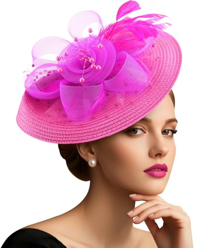 DRESHOW Mesh Damen Blume mit Perle Feder Fascinators Hut auf Einem Stirnband und Einem Gegabelten Clip Cocktail Tea Party Kopfbedeckung für Mädchen & Frauen Noble Kentucky Hut