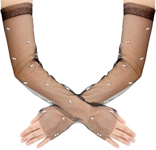 Yicelerate Netzhandschuhe Schwarz,Damen Lange Perle Handschuhe Weich Elegant,Halloween Accessoires Damen - Für Halloween Kostüm,Hochzeit & Ball - Handschuhe Für Cosplay Und Abendkleid
