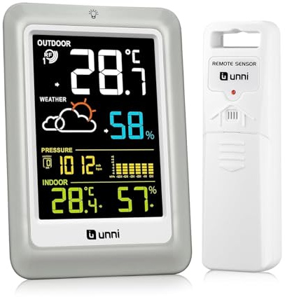 U UNNI Funk Wetterstation mit Außensensor Batterien oder USB betrieben, Wettervorhersage Funkwetterstation 100M/330FT, °C/°F & 3 Helligkeitsstufen Einstellung