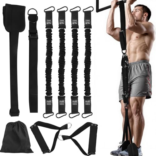 LJEC Klimmzug-Hilfsbänder, robuste Klimmzug-trainingsbänder mit verstellbarem Widerstand und Höhe mit Bequeme Fußstütze,4 Klimmzugbänder, Hilfsbänder für Klimmzüge, multifunktionale Türzugübungen