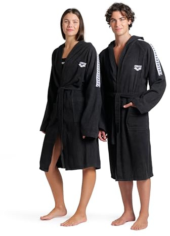 ARENA Team Stripe Unisex Bathrobe with Tie Belt and Pockets Soft Warm Robe for Pool Sauna Spa or Post Workout Comfort, Black/White, Size X-Large