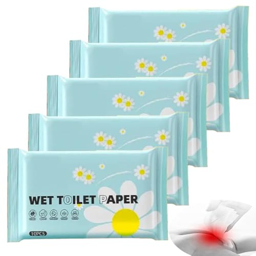5Pack Luxury Individually Wrapped Sensitive Skin Disposable Wet Toilet Paper; 50 Count Personal Hygiene Travel Toilet Wet Wipes; Flushable Adult Toilet Wipes for Home,Travel, Daily Use