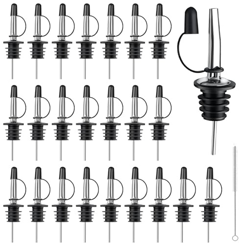 Stainless Steel Bottle Pourers for Spirits with Dust Caps and Small Brush, Quick Pourer with Free Flow, Bottle Pourer for Alcohol, Wine, Liqueur and Olive Oil (Black 24pcs)