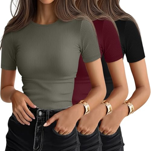 Ficerd - Confezione da 3 Magliette da Donna a Coste in Cotone, a Maniche Corte, con Scollo Rotondo e vestibilità Aderente.(Nero, Verde Fagiolo, Borgogna,S)