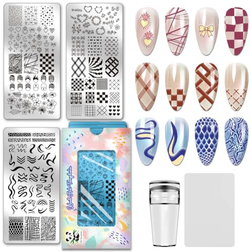 PH PandaHall 3 placas de estampado de uñas con punta francesa, textura a cuadros, plantillas de arte de uñas, luna, estrella, flor, uñas, plantillas artísticas, lazo, corazón, diseño de uñas, sello