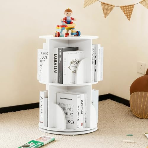 Mingone Drehbares Bücherregal Kinder mit 2 Ebenen, Weiß, 40x40x66cm | Bücherregal Kinder,Standregal, Mit Stauraum, Für Wohnzimmer Schlafzimmer Arbeitszimmer Büro