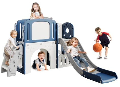 8-In-1 Kinder Rutsche mit Klettergerüst – Indoor & Outdoor Kunststoffrutschenset Für Kinder Mit Basketballkorb, Teleskop, Tunnel Und Stauraum, Gartenspielzeug Für Garten & Hof