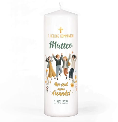 Striefchen® Personalisierte Kommunionkerze mit Leitwort 2026 – Kerze zur 1. Heiligen Kommunion – Erstkommunionkerze als Geschenkidee (L (8 x 25 cm))