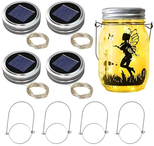 RNPKZ Solar Mason Jar Light, 4Pcs Mason Jar Lid with 3M 30 LED String Lights & 6 Hanger, 7CM Solar Light Replacement Top, Solar Lantern Light Lamp Lid for Watering Can Lights Mason Jar Garden Lanterns