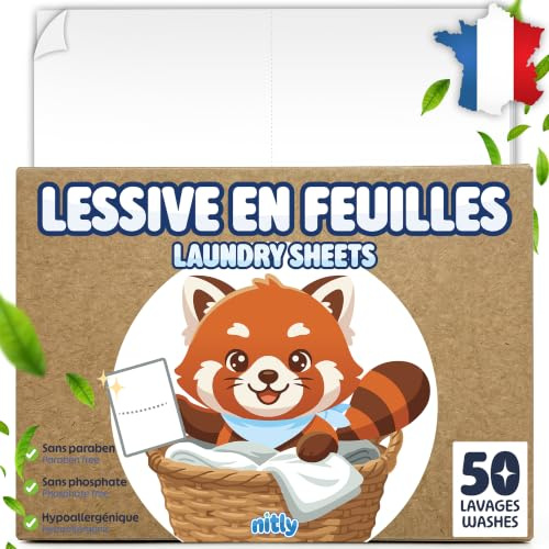 NITLY Lessive en Feuille Concentrée +50 lavages - Lessive Feuilles Écologique pour Machine et Lavage à la Main - Format Compact pour Voyage - Hypoallergénique - Soin du Linge Blanc Couleur Délicat