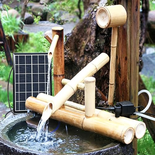 Fontaine à Eau de Jardin Zen, kit de Fontaine en Bambou à énergie Solaire de Style Japonais avec Panneau Solaire, Pompe à Eau et Trempette, décoration d'eau intérieure et extérieure