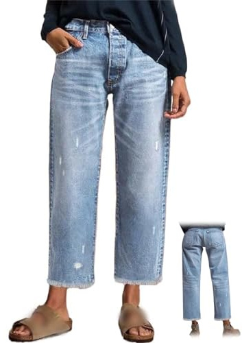 Jean Capri Droit pour Femme – Denim Extensible, Ourlet effiloché, Coupe « Boyfriend » Ample et Poches