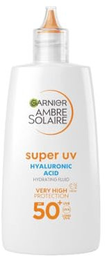 Garnier Ambre Solaire Super UV Hyaluronic Acid Hydrating Fluid, SPF 50+, UV Protection, 24H Hydration, Enriched with 3% Glycerine & Vitamin E, Invisible Finish, Non-Greasy, Non-Sticky