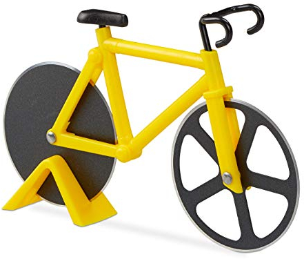 Relaxdays 1 Cortador de Pizza en Forma de Bicicleta, Cortapizza Acero Inoxidable, Cuchillo Afilado Masa, 11,5x18x3cm, Amarillo