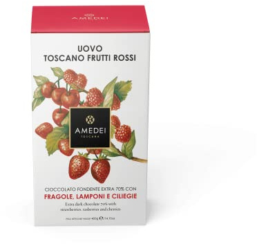 Amedei - Idea regalo Pasqua - Uovo Cioccolato con frutti rossi fondente 70% con fragole, ciliegie e lamponi - 400g