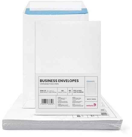 Netuno 50 Briefumschläge A5 Weiß DIN C5 ohne Fenster haftklebend 90g | 16,2 x 22,9 cm · große weiße Geschäftsumschläge · für Großbrief, Warensendung, Büro, Versand, Korrespondenz