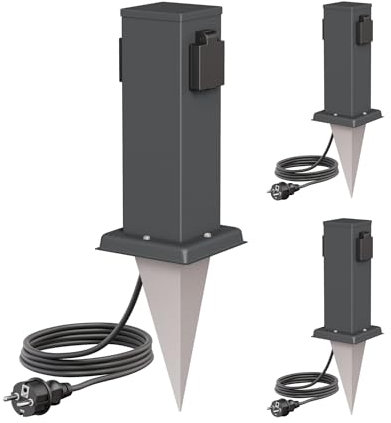 ledscom.de 3 Tomas de jardín Columna Polly con piqueta de Tierra y Cable de 2m para Exteriores, IP44, 2 Conectores, Antracita, Angular, 27cm