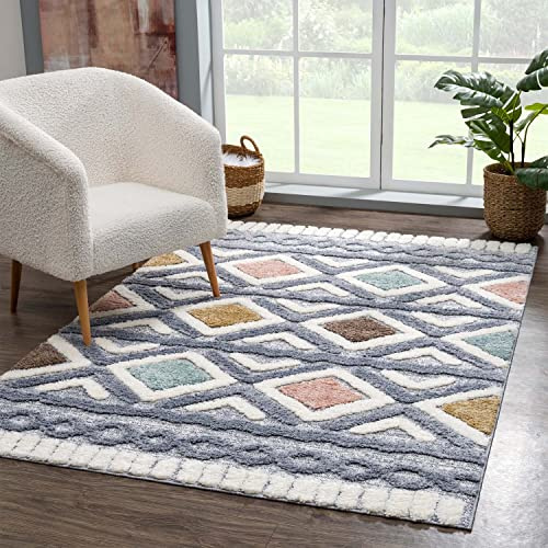 carpet city Teppich Hochflor Wohnzimmer - 120x170 cm - Boho-Chic Ethno Grau Multi - Cut-Loop, Hochtief, 3D-Effekt - Shaggy Teppiche Flauschig-Weich Schlafzimmer Langflor