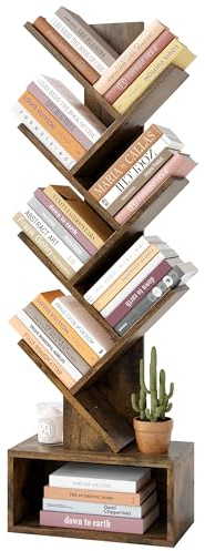 Hoctieon 6 Tier Tree Bookshelf, Tall Bookcase with Drawer, Freestanding Book Shelf, Display Floor Standing Storage Shelf, Book Organizer Shelves for Home Office, Rustic Brown