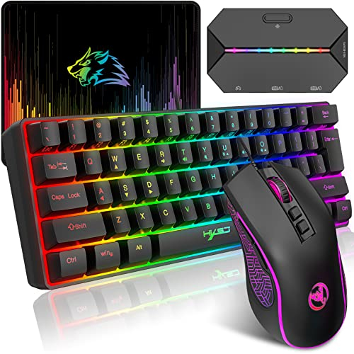 HXSJ V700 Ensemble Clavier et Souris de Jeu avec Adaptateur de Jeu,Clavier de Jeu à 60%,Disposition Compacte à 61 Touches,Rétroéclairage RVB,Souris à Capteur Optique,Jusqu'à 3600 DPI,pour PC,Mac-Noir