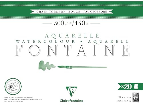 Clairefontaine 975508C - Aquarellblock Fontaine Torchon, 100% Hadern, 20 Blatt, 31x41cm, 300g, geleimt, ideal für Nasstechniken, 1 Block