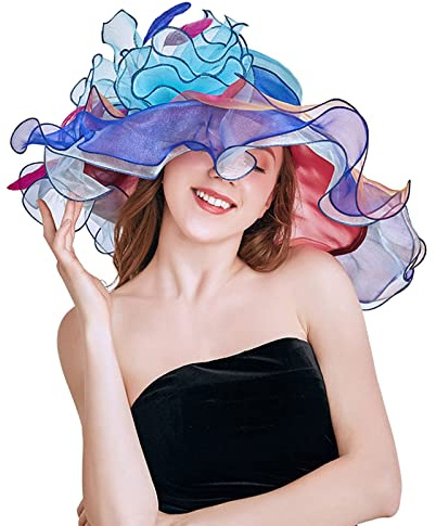 TIMIYUYU Elegante Sonnenhüte Organzablumen Hut Damen Sommerhut Frauenorganza Hut Damenhut Strandsonnenschutz Wide Brim Sommer Strand Hut Organzahut Fascinator Hut für Strand Kirche Party