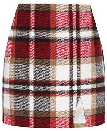 Plaid Mini Skirts for Womens High Waisted Fall Winter Wool Bodycon Pencil Women's Skirts with Slit, Wine, XXL