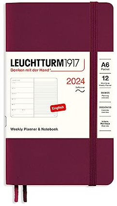 LEUCHTTURM1917 367796 Wochenkalender & Notizbuch Softcover Pocket (A6) 2024, 12 Monate, Port Red, Englisch